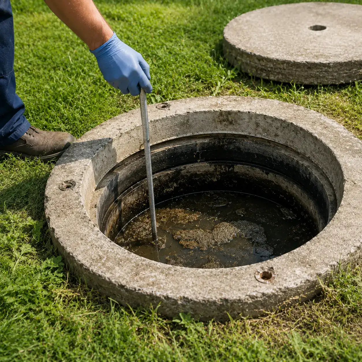 Technician checking a septic tank for backup and odour issues near Wasaga Beach
